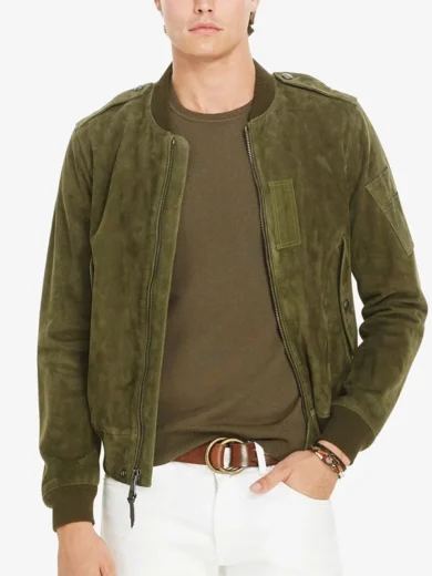 Olive-Green-Suede-Bomber-Jacket