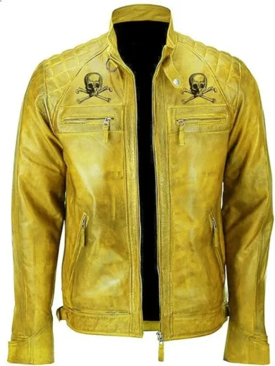 Men’s Yellow Devil’s Skull Danger Biker Vintage Leather Jacket