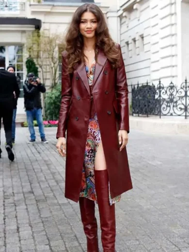 Zendaya Style Burgundy Double-Breasted Leather Trench Coat