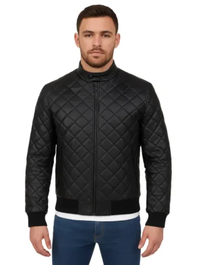 Casual Wear Men Black Quilted Leather Jacket front