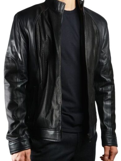 Dotted Style Black Leather Jacket For Men