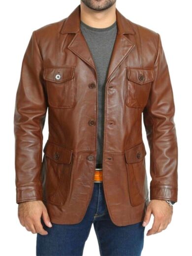 Four Pockets Men Brown Leather Jacket