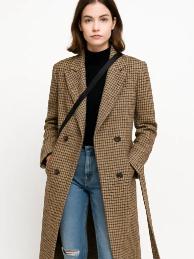 Kaia Gerber Vintage Long Belt Plaid Coat