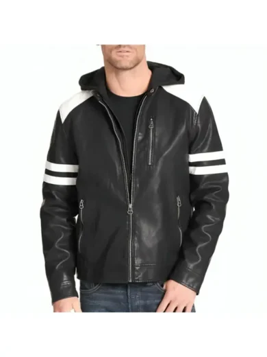 Mens Black Leather Motorcycle Jacket with Hoodie