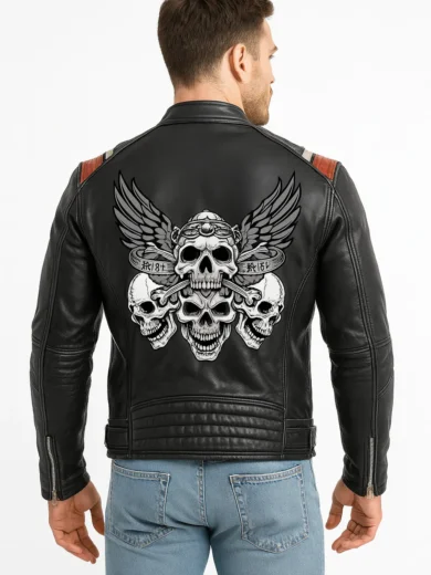 Men’s Black Vintage Skull Design Leather Jacket back