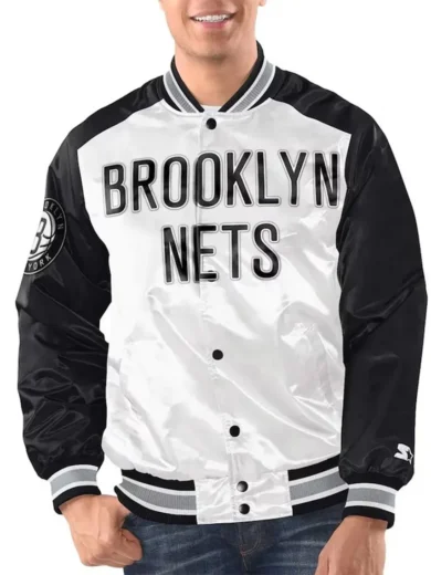 White Black Brooklyn Nets Renegade Varsity Satin Jacket