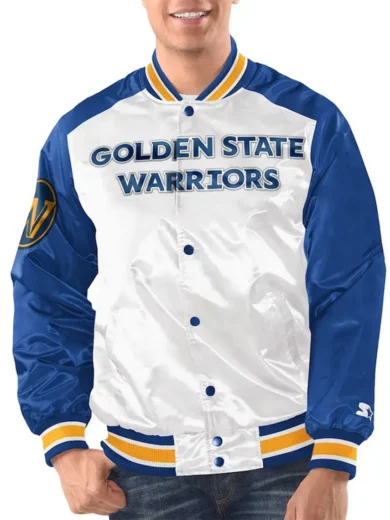 White Royal Golden State Warriors Renegade Varsity Satin Jacket