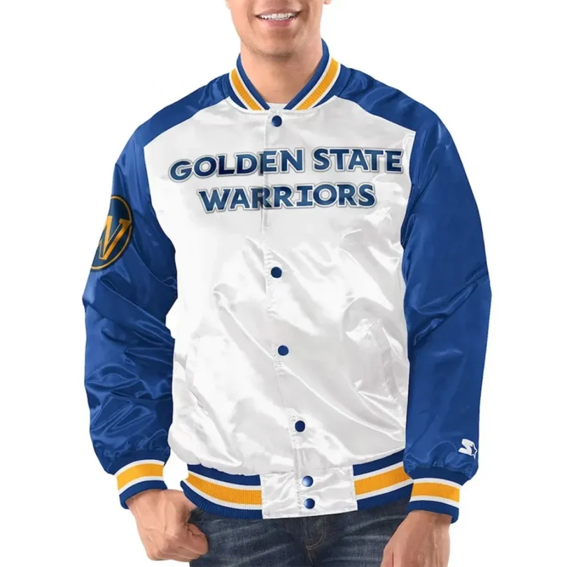 White Royal Golden State Warriors Renegade Varsity Satin Jacket