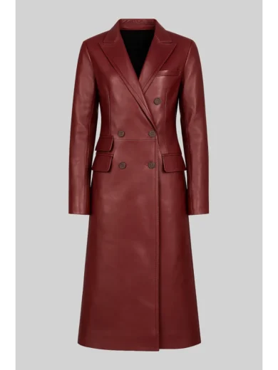 Zendaya Style Burgundy Double-Breasted Leather Trench Coat