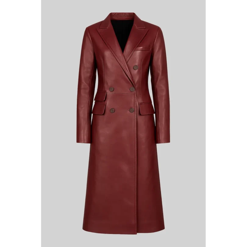 Zendaya Style Burgundy Double-Breasted Leather Trench Coat