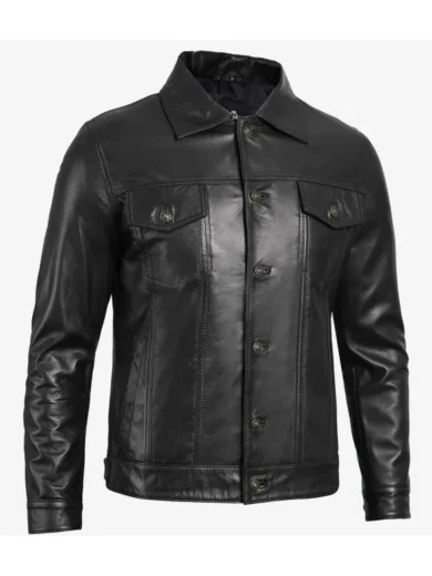Mens Four Pockets Black Leather Trucker Jacket