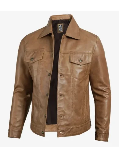Men's Real Leather Camel Brown Trucker Jacket