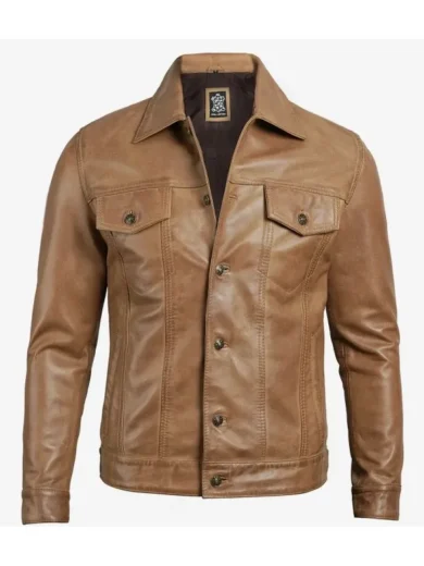 Men's Real Leather Camel Brown Trucker Jacket