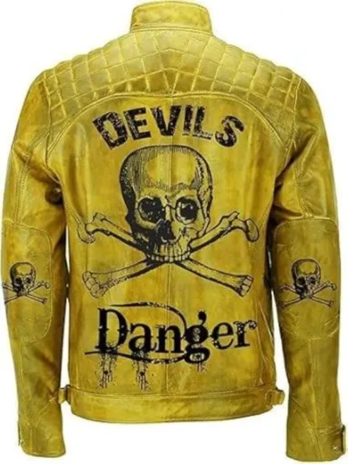 Men’s Yellow Devil’s Skull Danger Biker Vintage Leather Jacket