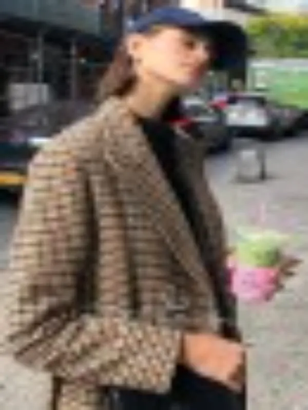 Kaia Gerber Vintage Long Belt Plaid Coat