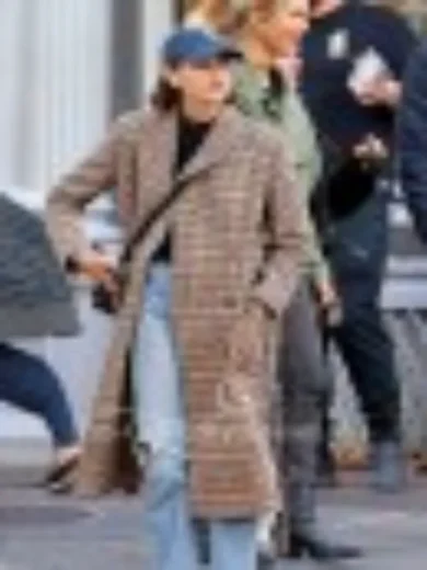 Kaia Gerber Vintage Long Belt Plaid Coat