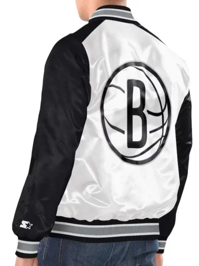White Black Brooklyn Nets Renegade Varsity Satin Jacket