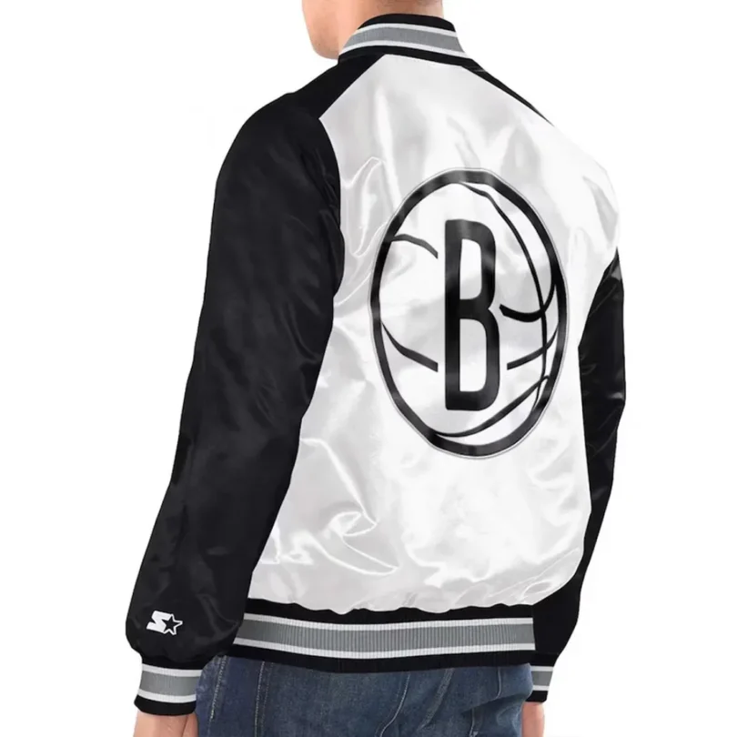 White Black Brooklyn Nets Renegade Varsity Satin Jacket