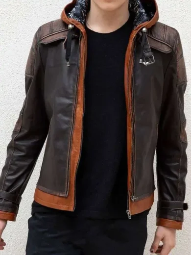 Mens Brown Hood Leather Jacket