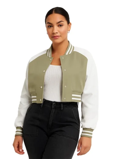 Adele Women’s Olive Green and White Leather Varsity Jacket
