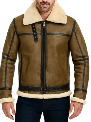 Army Greenish Brown Shearling Leather Jacket