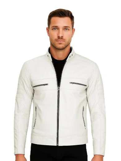 Austin Men Cafe Racer Off White Real Leather Jacket