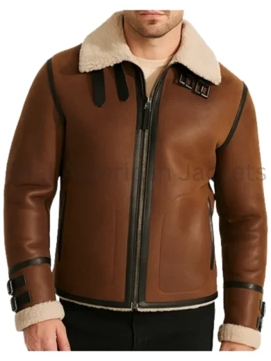 B3 RAF Tan Shearling Leather Aviator Jacket back _ Shop Now