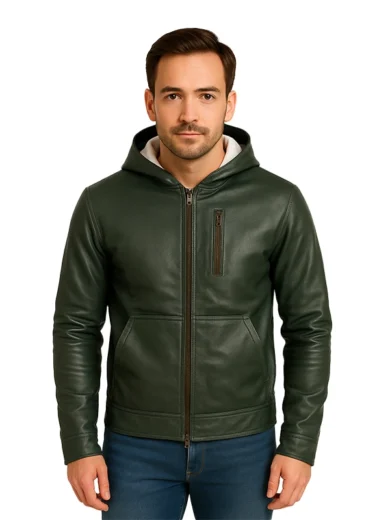 Baston Green Leather Bomber Jacket with Hood