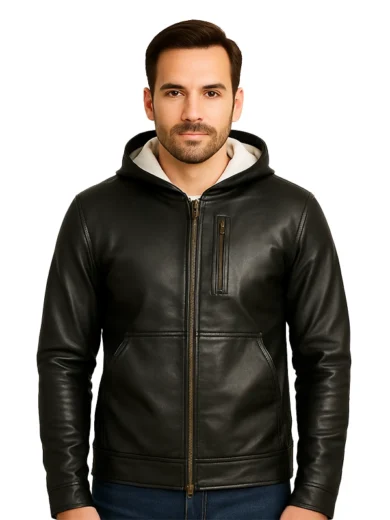 Baston – Black Hooded Leather Bomber Jacket