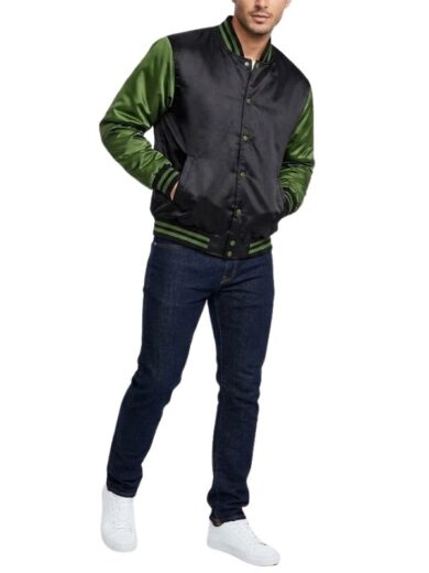 Black And Green Satin Varsity Jacket