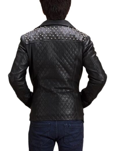 Black Studded Lapel Leather Biker Jacket