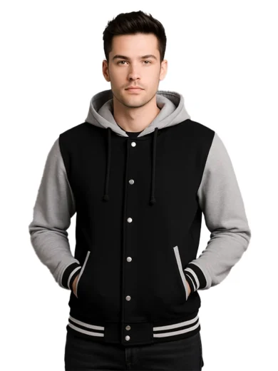 Black and Grey Varsity Jacket with Hood | Baseball College Style