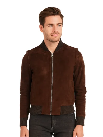 Bliss Leather Suede Bomber Jacket Brown