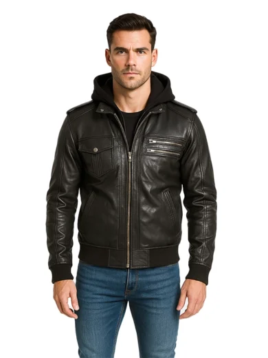 Bravado Black Leather Bomber Jacket With Hood
