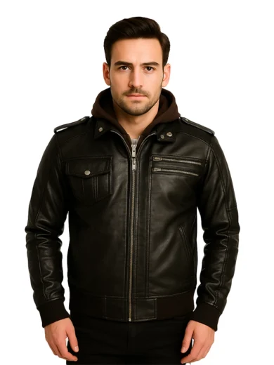 Bravado Brown Leather Hooded Bomber Jacket