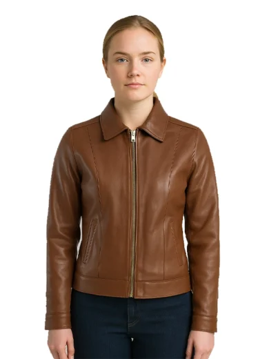 Brown Classic Leather Jacket With Collar