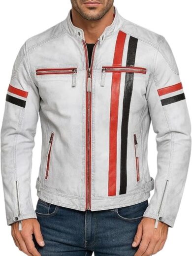 Cafe Racer Mens Red and White leather Jacket