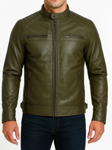 Classic-Mens-Dark-Green-Real-Leather-Cafe-Racer-Biker-Jacket