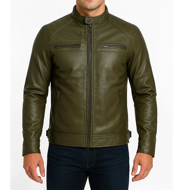 Classic-Mens-Dark-Green-Real-Leather-Cafe-Racer-Biker-Jacket