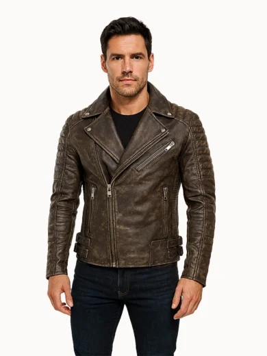 Distressed Brown Leather Biker Jacket – Armand