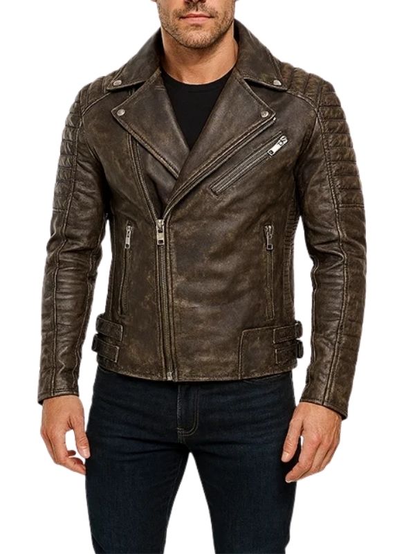 Distressed Brown Leather Biker Jacket – Armand