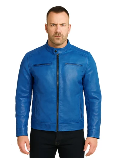 Dodge Cafe Racer Blue Leather Jacket Men