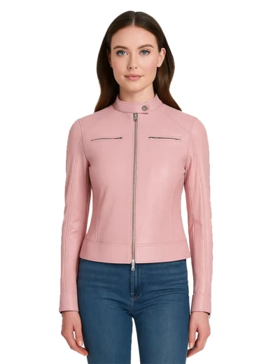 Dodge Light Pink Cafe Racer Leather Jacket for Women