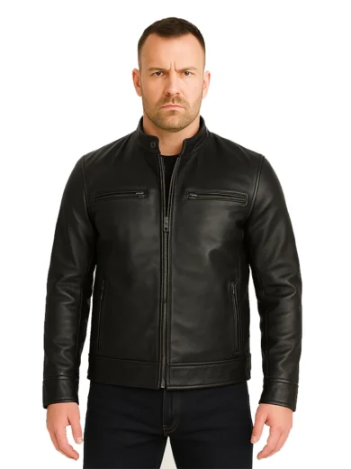 Dodge Men’s Black Leather Cafe Racer Jacket – Low Stock