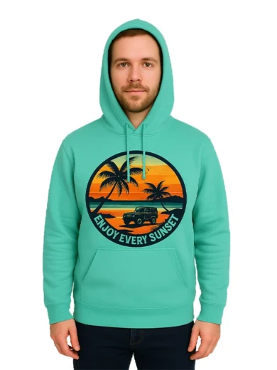 Enjoy Every Sunset Custom Hoodie – Teal Beach Graphic Pullover