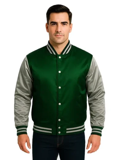 Green and Grey Satin Varsity Jacket