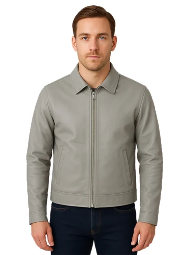 Grey Classic Leather Jacket With Collar