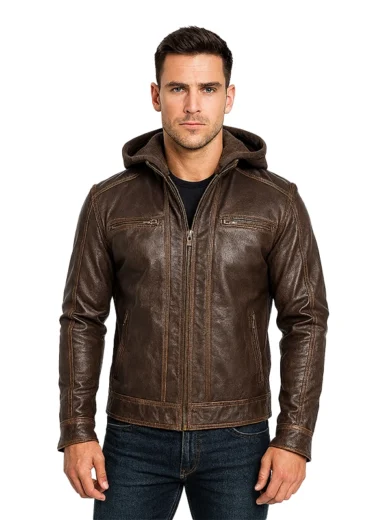 Hector Vintage – Brown Hooded Leather Biker Jacket
