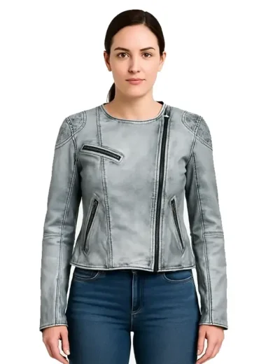 Ice White Quilted Shoulder Leather Jacket For Women