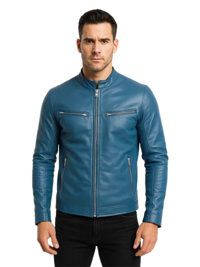 Ionic Blue Leather Biker Jacket